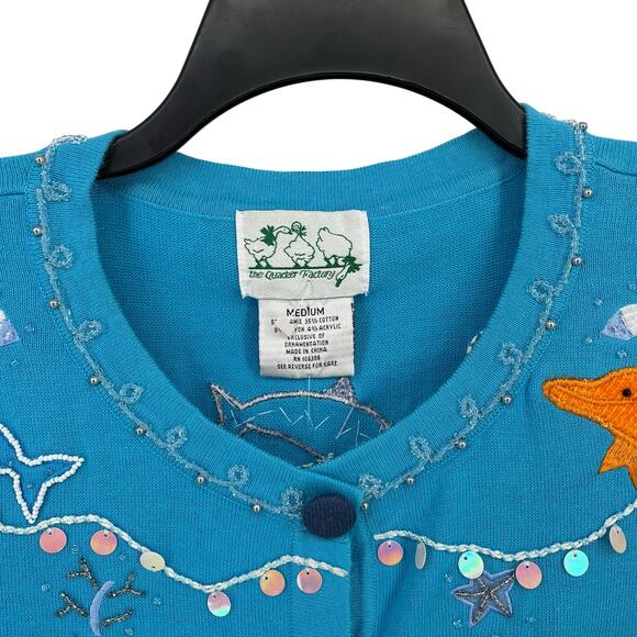 Quacker Factory Embellished Sequin Dolphin Sea Theme Cardigan Sweater Size M - Picture 7 of 7
